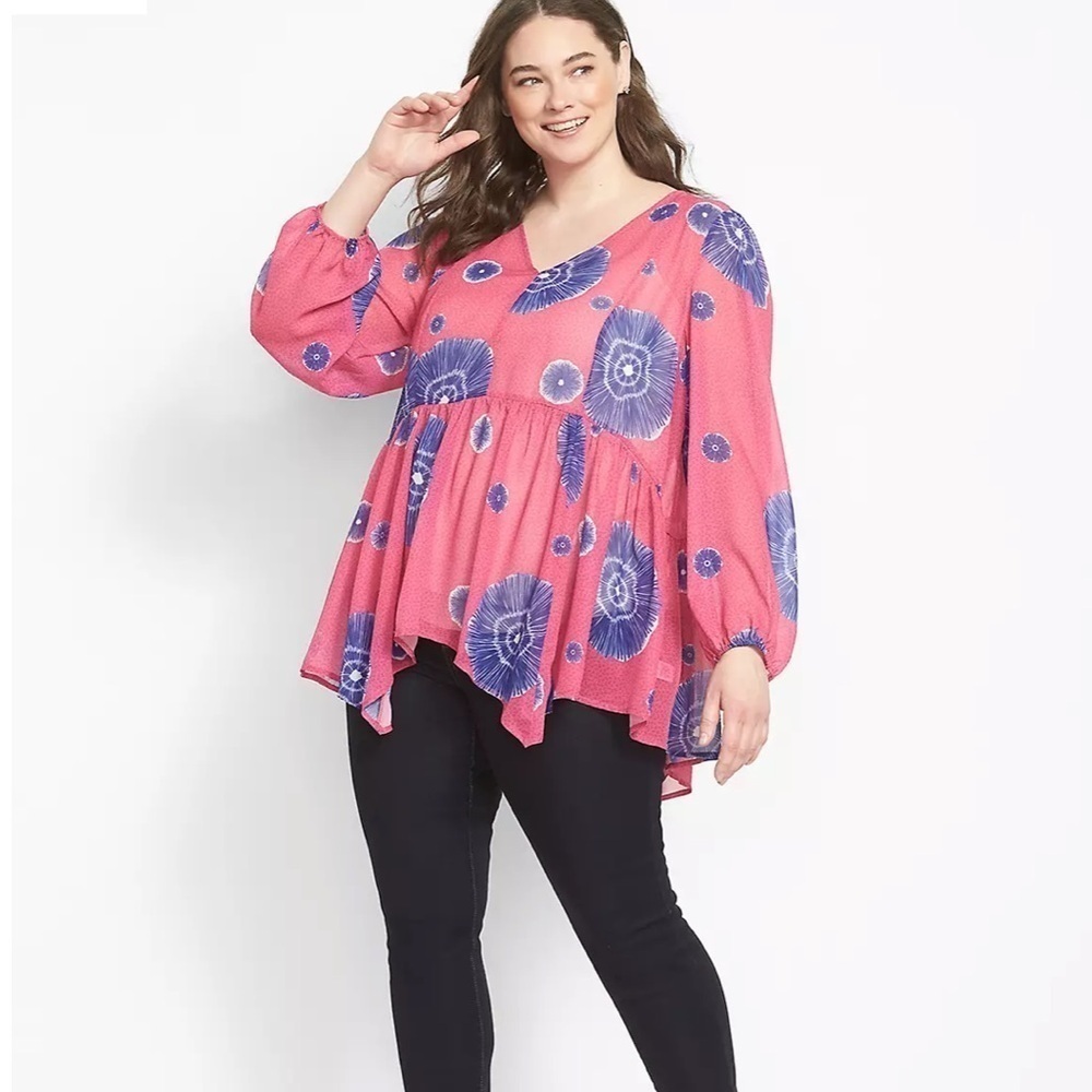Lane Bryant Batik Floral Babydoll Blouse Pink Purple Sheer V-Neck Size 18/20